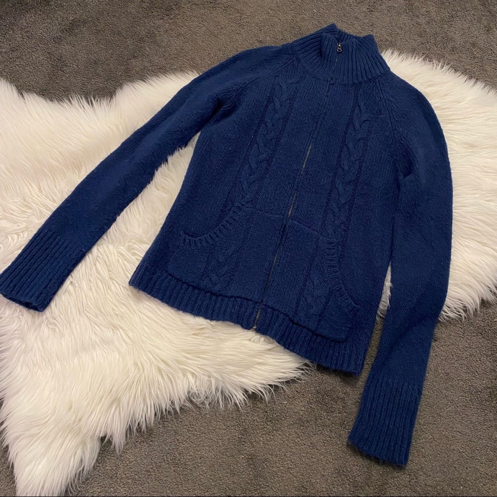 Navy zip-up cable-knit cardigan sweater - Picture 1 of 6